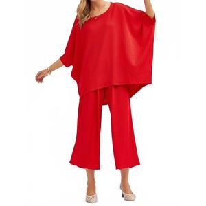 Red Wide Leg Jumpsuit Set - Women's Comfortable Two-Piece